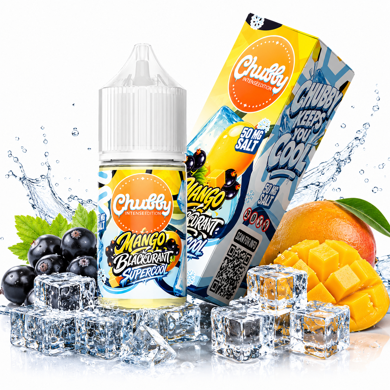 Chubby Mango Blackcurrant Super Cool Salt E-liquid 30ml bottle with blackcurrant and mango flavor, 50mg nicotine salt.