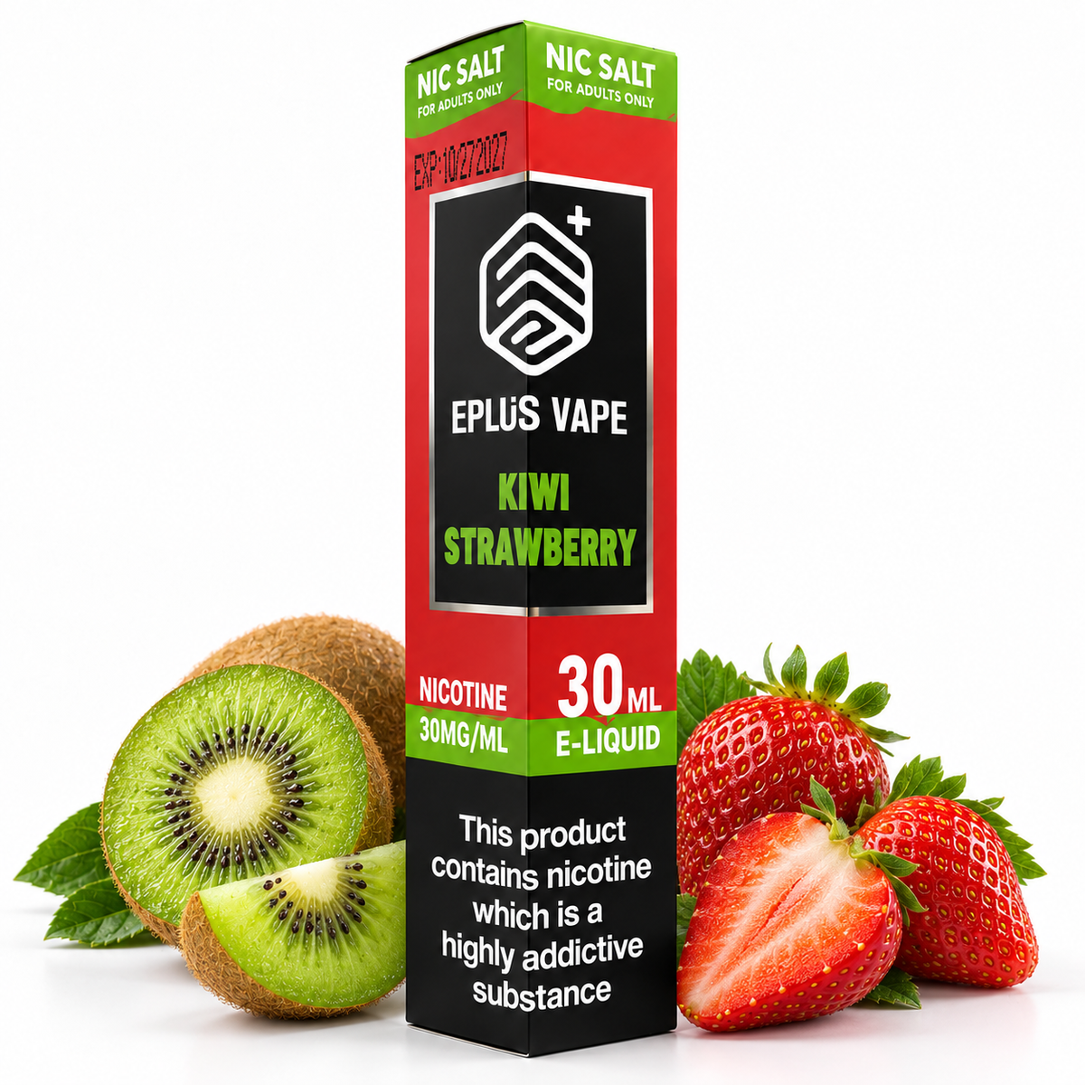 EPLUS VAPE Nic Salt E-Liquid in 30ml bottle with kiwi and strawberry flavor, ideal for vaping.