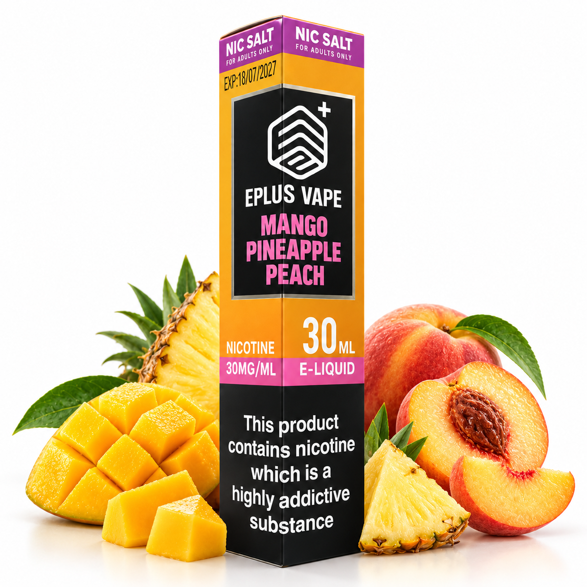 EPLUS VAPE Nic Salt e-liquid bottle with mango, pineapple, and peach flavor in a 30ml bottle.