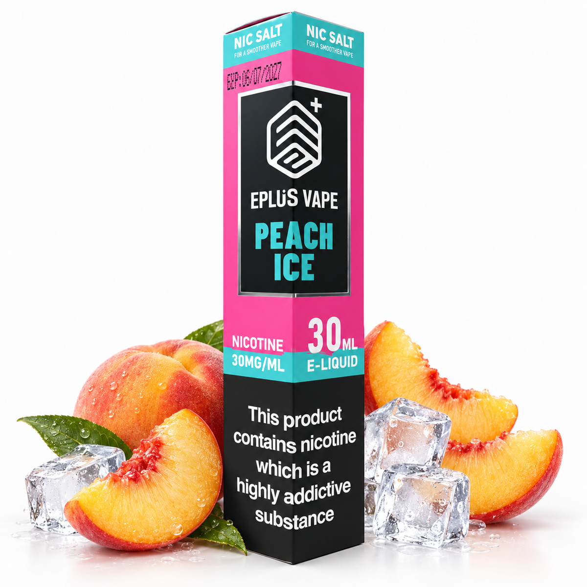 EPLUS VAPE Peach Ice Nic Salt E-Liquid 30ml bottle with label featuring peach and icy menthol flavor design