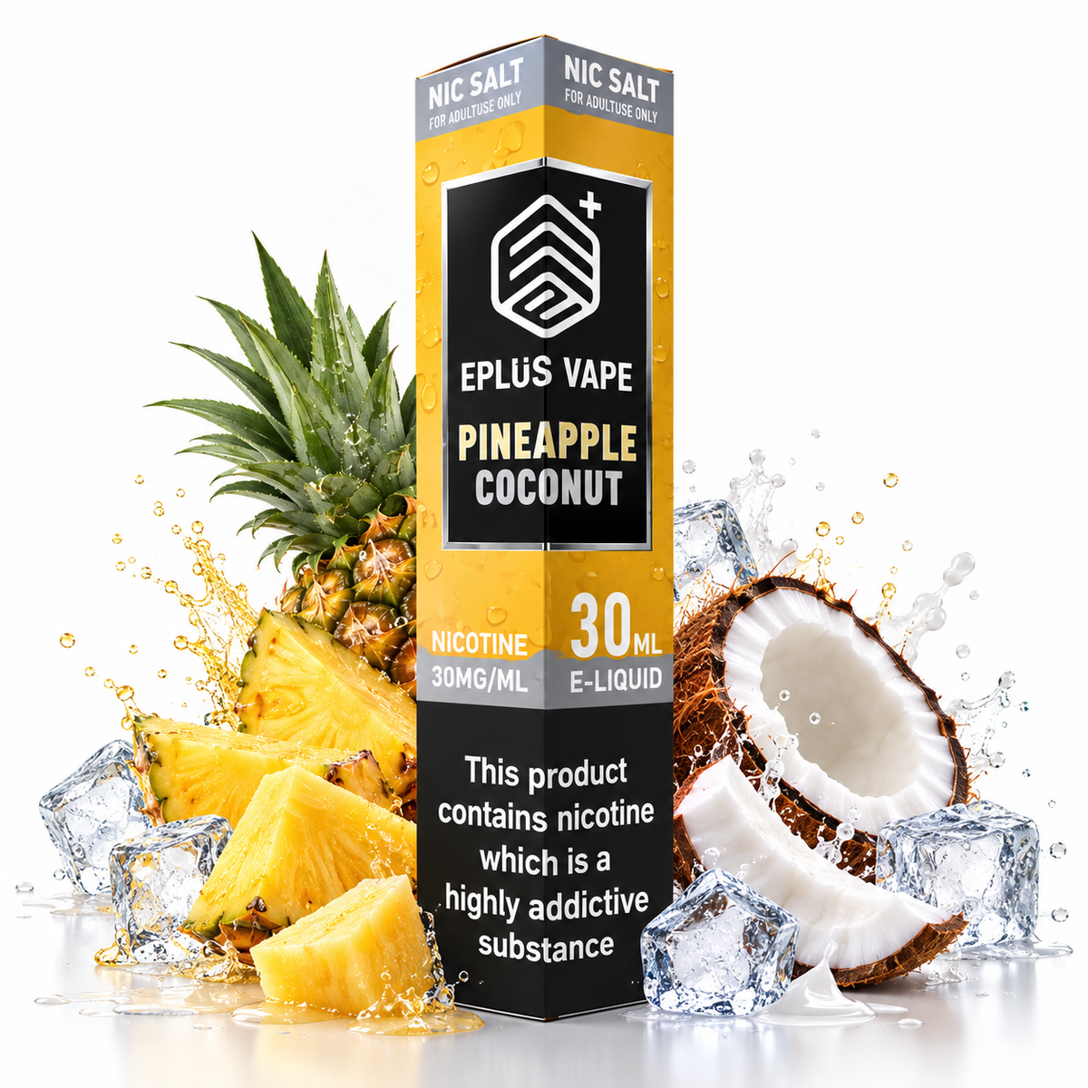 EPLUS VAPE Nic Salt e-liquid in pineapple coconut flavor, 30ml bottle with colorful label and tropical fruit imagery.