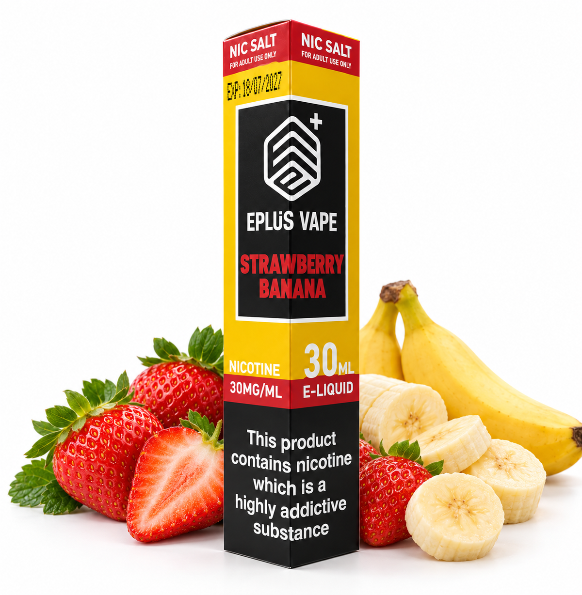 EPLUS VAPE Nic Salt E-Liquid in 30ml bottle with strawberry and banana flavor, featuring colorful packaging and label.