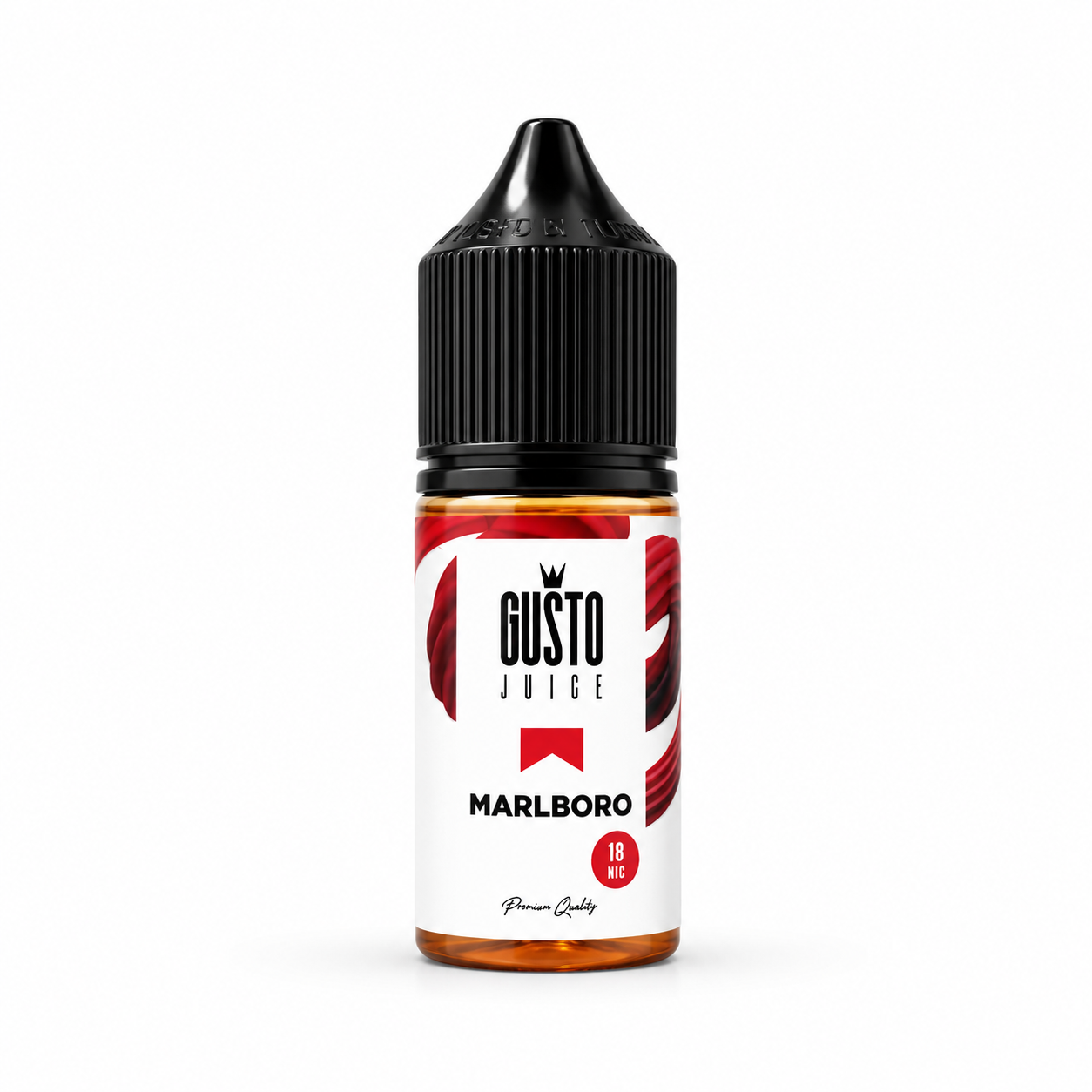 A 10ml e-liquid bottle by Gusto Juice, Marlboro flavor, featuring a black childproof cap and a white label with red graphics.