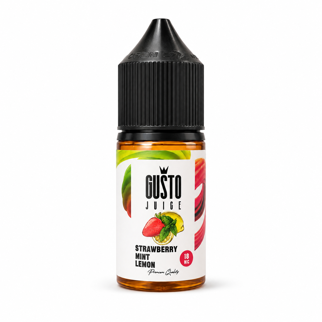 A bottle of Gusto Juice Strawberry Mint Lemon e-liquid, featuring a white label with illustrations of strawberries, mint leaves, and a lemon slice, topped with a black childproof cap, on a solid white background.