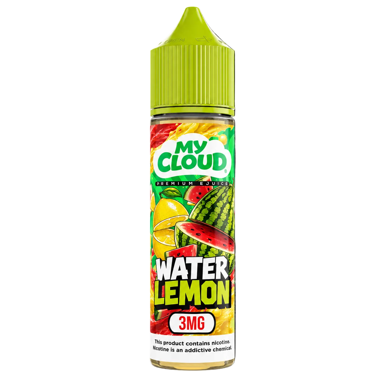 My Cloud Water Lemon Ice e-liquid bottle with lemon slices and icy mint leaves, 60ml, 3mg nicotine strength, clear label and branding.