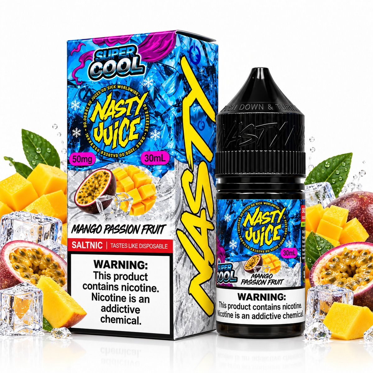 Nasty Juice Super Cool Mango Passion Fruit salt e-liquid bottle with vibrant label and colorful fruit illustrations.