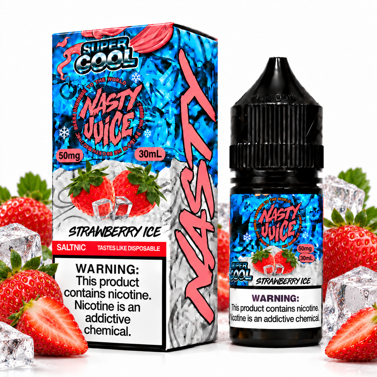 Nasty Juice Super Cool Strawberry Ice salt e-liquid bottle with a vibrant label, featuring fresh strawberries and icy cool design.