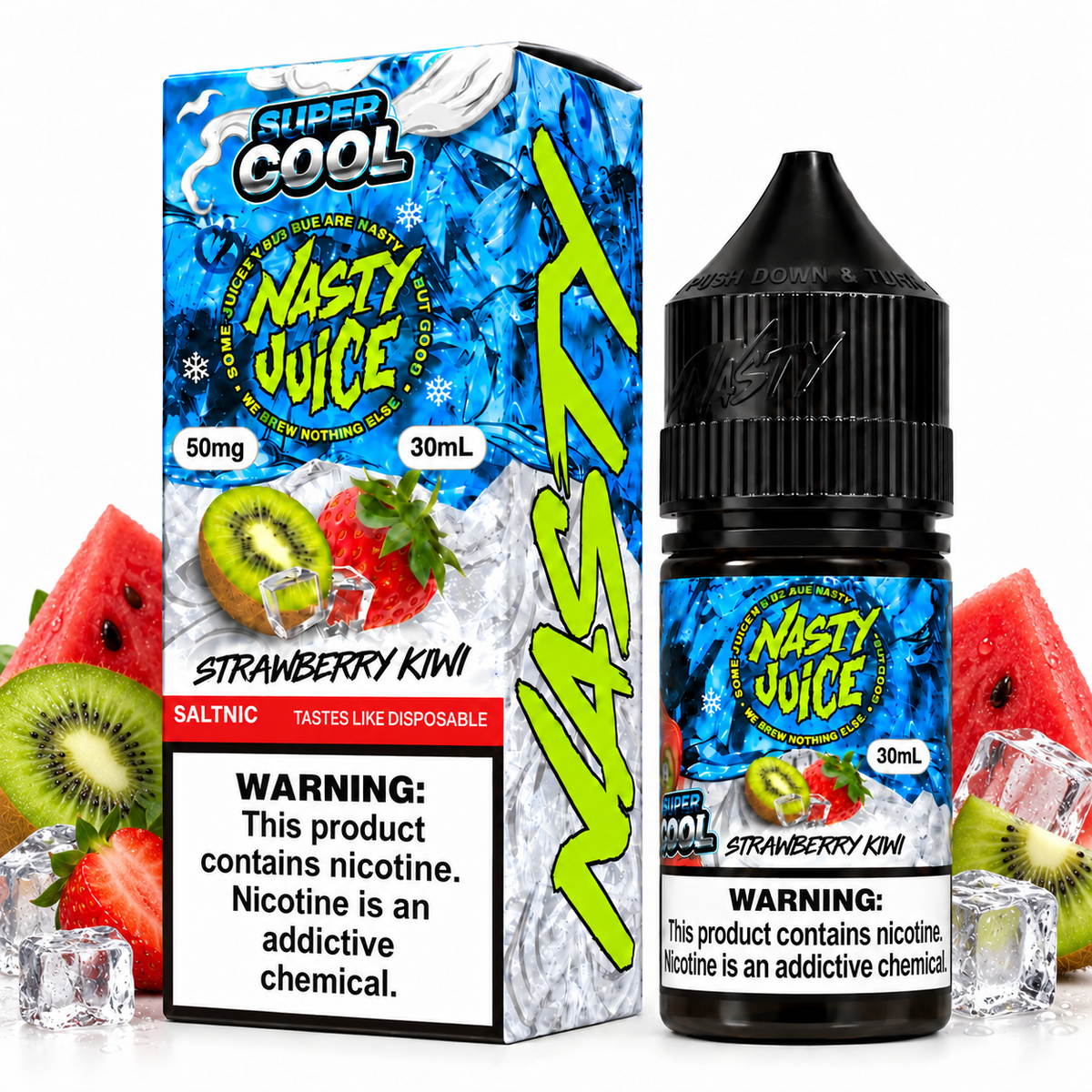Nasty Juice Super Cool Strawberry Kiwi salt e-liquid bottle with colorful label, showcasing fresh strawberries and kiwi fruit.