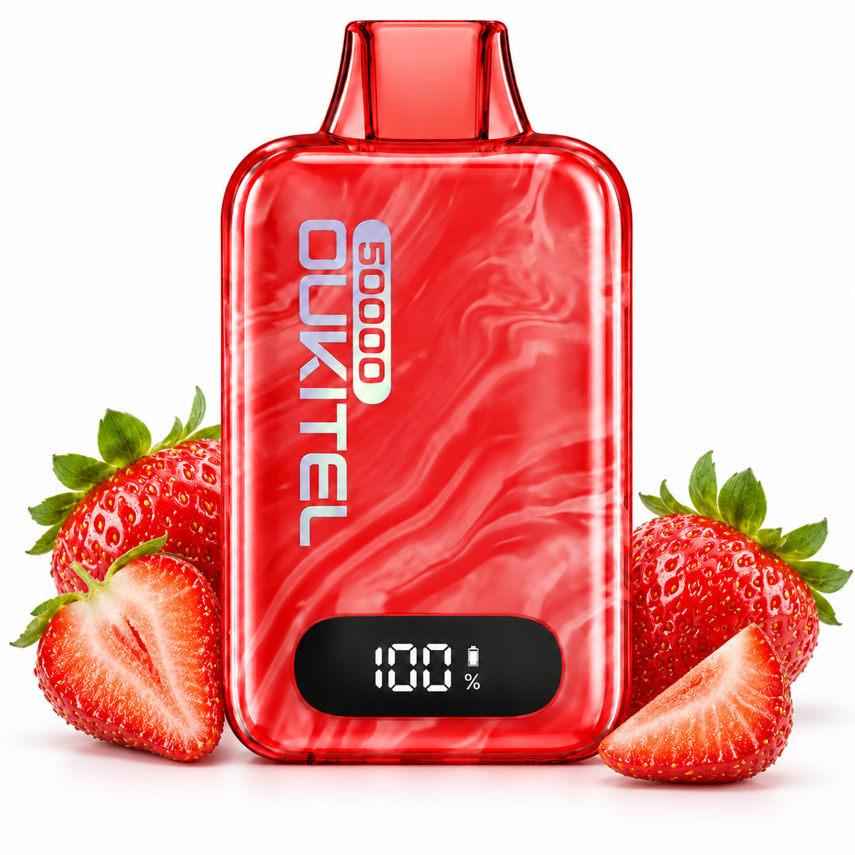A red Oukitel 50000mAh portable battery pack with a digital display showing 100% battery, styled with fresh strawberries on a white background.