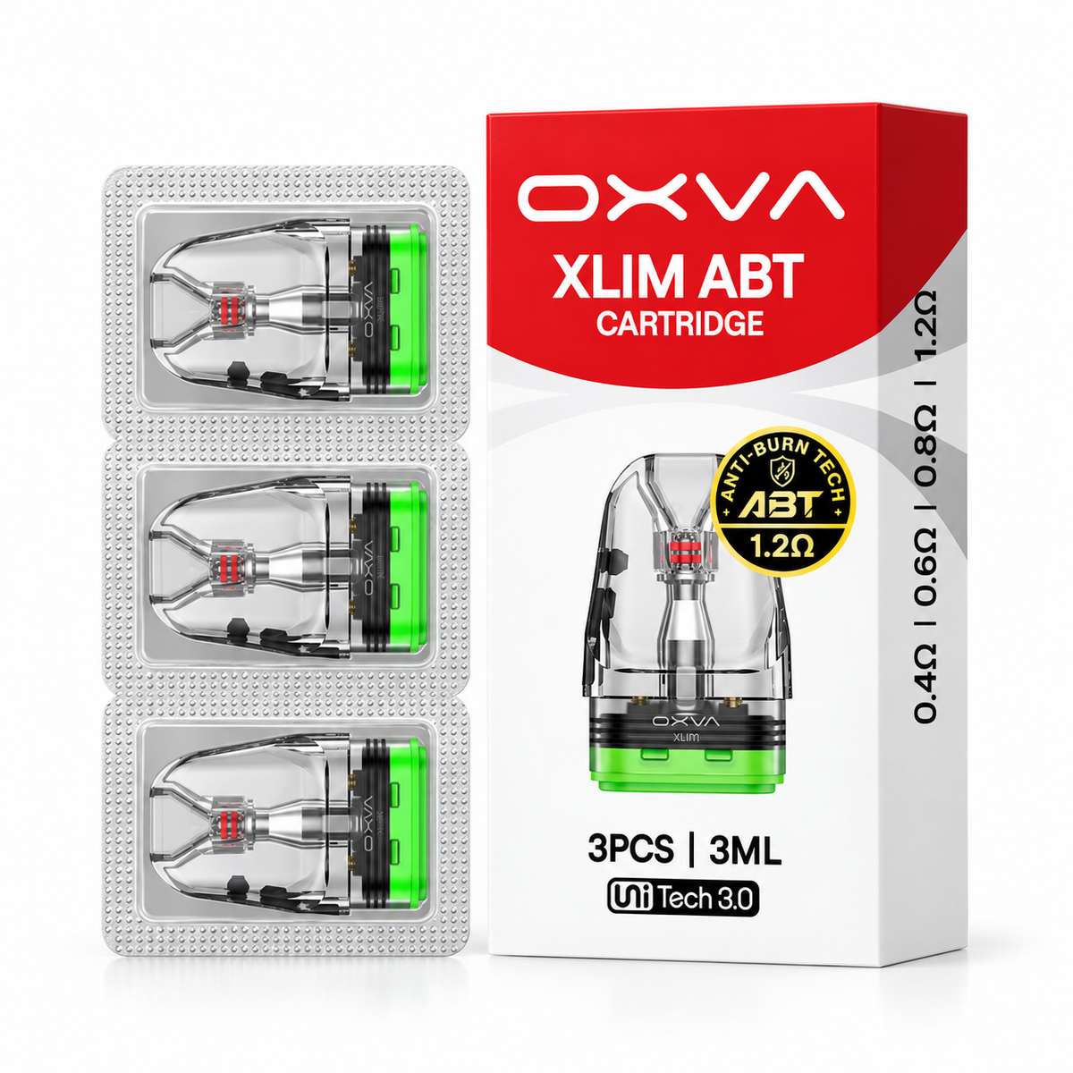 OXVA XLIM ABT cartridge 3ml refillable vape cartridge with Unitech 3.0 design, used for vaping devices.