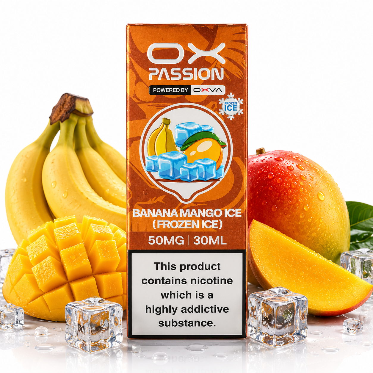 A box of OX Passion Banana Mango Ice (Frozen Ice) vape e-liquid is centered on a reflective white surface, surrounded by fresh banana slices, a whole mango, a mango slice, and clear ice cubes. The packaging is orange and brown with a graphic of a banana, mango, and ice cubes, and includes a nicotine warning label.