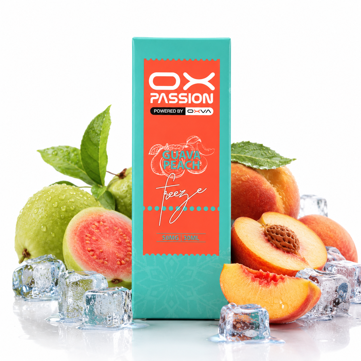 A 30ml tumbler box of OX Passion 'Freeze' passion fruit and peach flavor vape liquid, styled with fresh green guavas, sliced peaches, and ice cubes on a reflective white surface.
