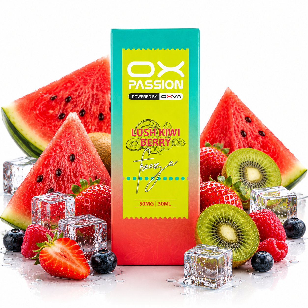 A 30ml bottle of OX Passion Lush Kiwi Berry e-liquid centered on a white background, surrounded by fresh watermelon slices, kiwi, strawberries, raspberries, blueberries, and ice cubes. The packaging features a bright yellow label with green and red sections.
