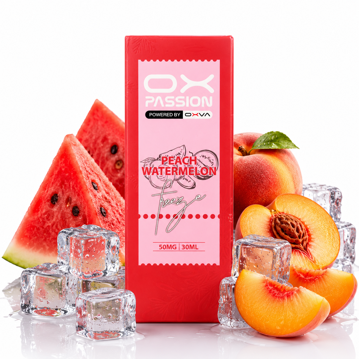 A red rectangular vape product box labeled 'OX PASSION' and 'Peach Watermelon' stands upright on a white reflective surface, surrounded by watermelon slices, whole peaches, peach halves, and clear ice cubes.
