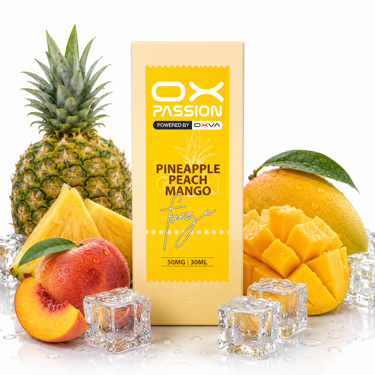 OX Passion Pineapple Peach Mango flavor vape box in the 'Tense' strength, surrounded by fresh pineapple, mango, peach, and ice cubes on a white background.