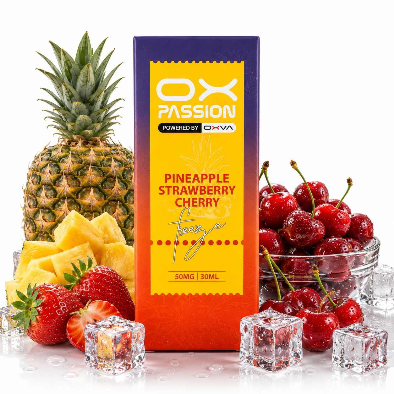 A box of OX Passion Pineapple Strawberry Cherry vape juice, 50mg, 30ml, displayed on a reflective white surface with fresh pineapple, strawberries, cherries, and ice cubes. The box features a purple-to-orange gradient background with a yellow central label.