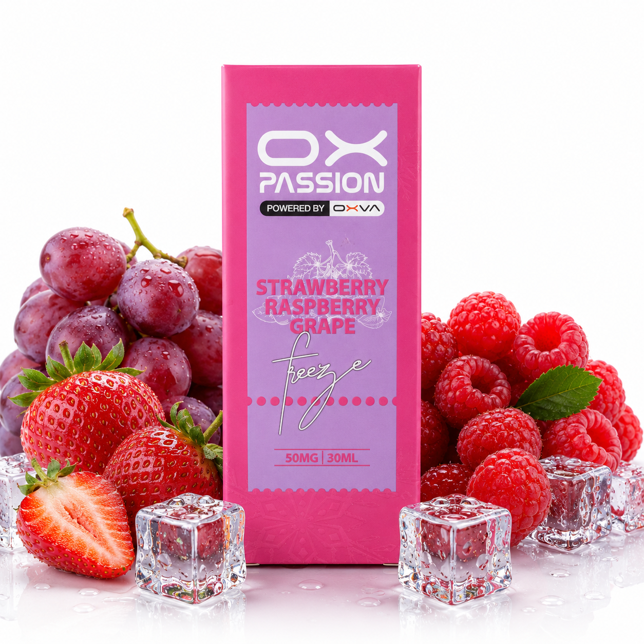 A pink box of OX Passion Strawberry Raspberry Grape flavored vape liquid, surrounded by fresh strawberries, raspberries, grapes, and clear ice cubes on a white background.