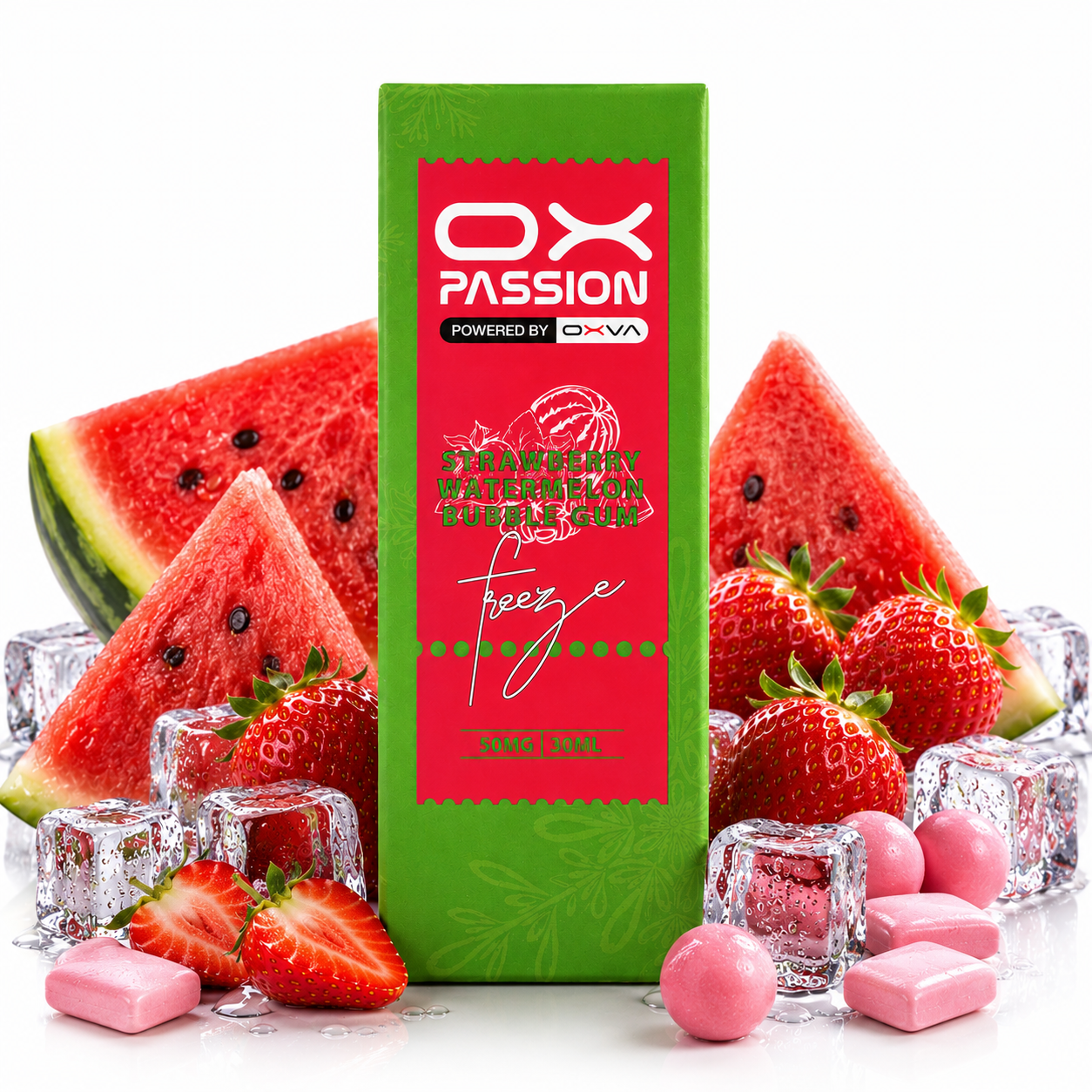 A green and red box of OX Passion Freeze watermelon bubble gum stands upright on a white surface, surrounded by watermelon slices, strawberries, ice cubes, and pink gum pieces. The box label reads 'OX PASSION' and 'POWERED BY CHVA' with 'Freeze' and 'Watermelon' visible.