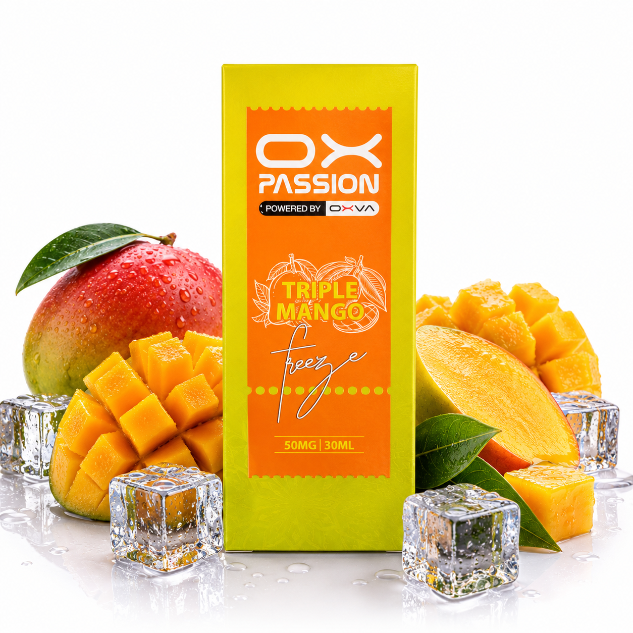 A 30ml box of OX Passion Triple Mango Freeze syrup centered on a white reflective surface, surrounded by fresh mangoes, mango slices, and clear ice cubes. The box is lime green with a bright orange label featuring the brand name 'OX PASSION' and 'POWERED BY CHIVA'.