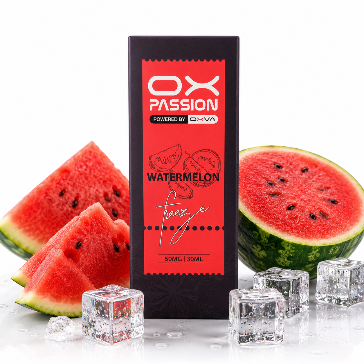 A 30ml bottle of OX PASSION Watermelon Freeze e-liquid, 50MG, standing upright in the center. The packaging is a black box with a vibrant red label.
