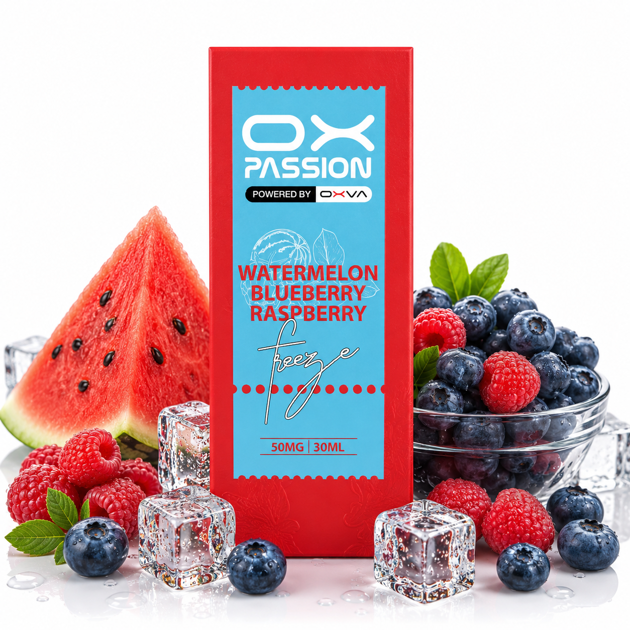 A red rectangular OX PASSION vape product box labeled Watermelon Blueberry Raspberry, surrounded by fresh watermelon slices, blueberries, raspberries, mint leaves, and clear ice cubes on a white background.
