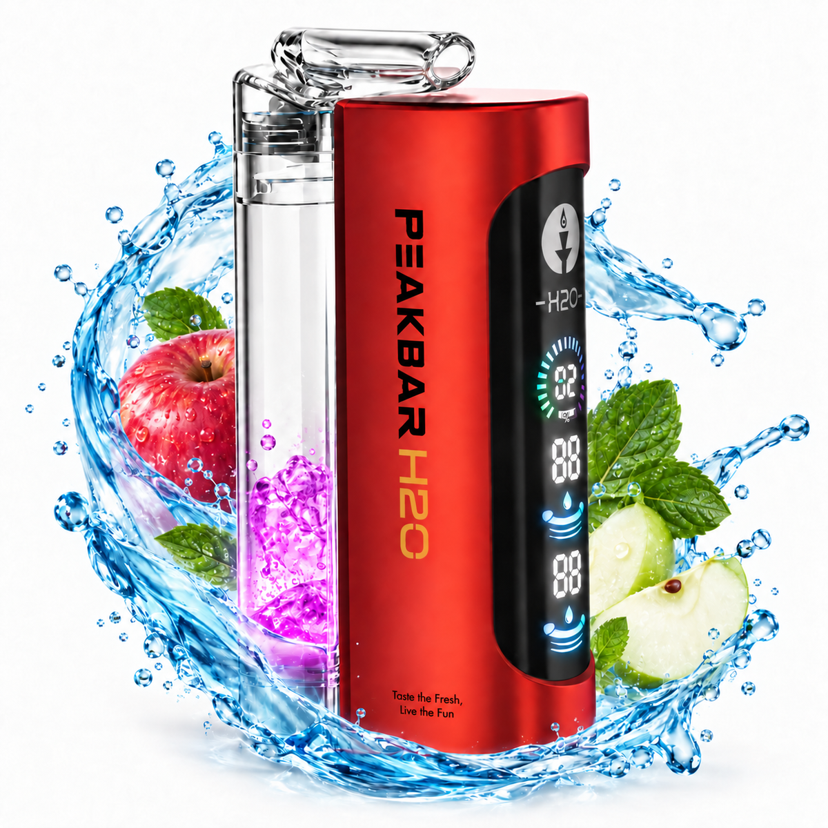 PEAKBAR H2O Series disposable mini hookah with Two Apple flavor, featuring sleek design and vibrant branding.