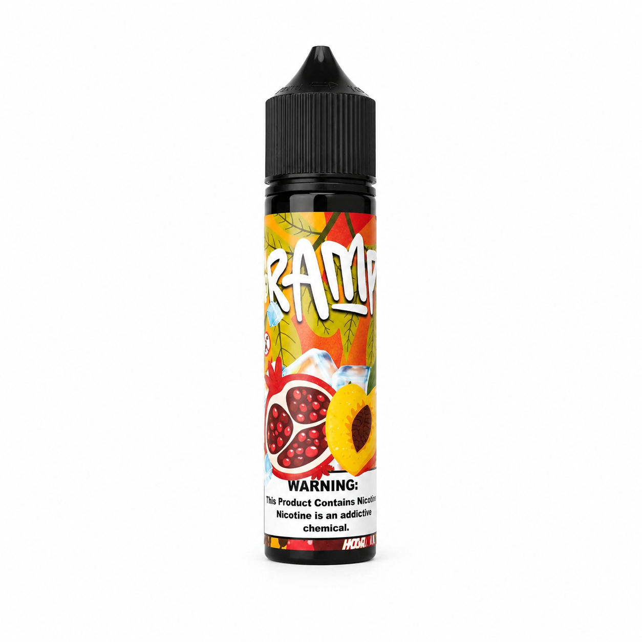 A bottle of RAMPAI e-liquid in the 'Pomegranate' flavor, featuring a colorful label with illustrations of pomegranate seeds and a sunflower, on a solid white background.