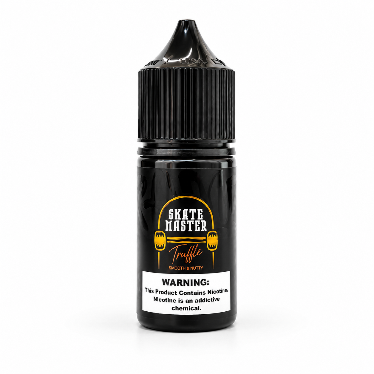 A black plastic bottle of Skate Master Truffle e-liquid with a black ribbed cap, featuring a yellow and white label with a nicotine warning, on a white background.