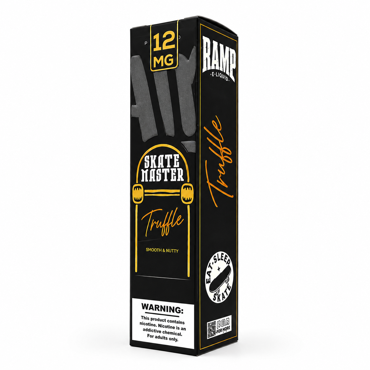 A tall rectangular product box for Ramp 5 Liquor Skate Master Truffle, 12 mg. The packaging is primarily black with yellow and white text and graphics, including a warning label at the bottom.