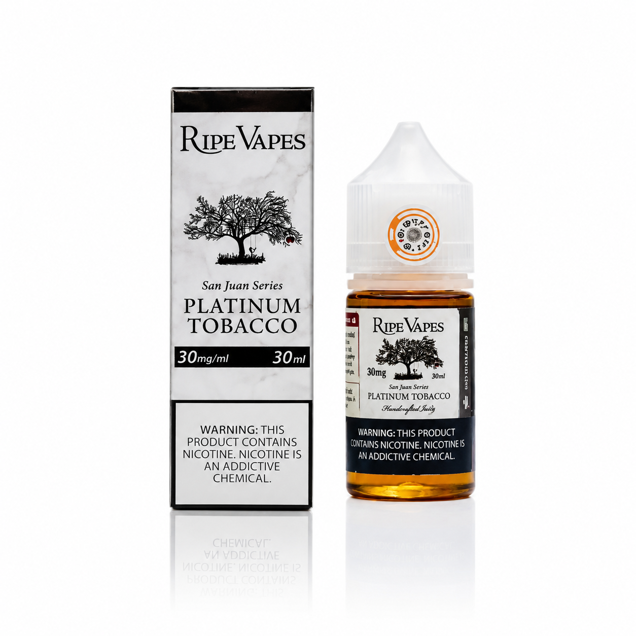 RIPE VAPES Platinum Tobacco 30ml salt e-liquid bottle with black and gold label, featuring tobacco flavor branding.