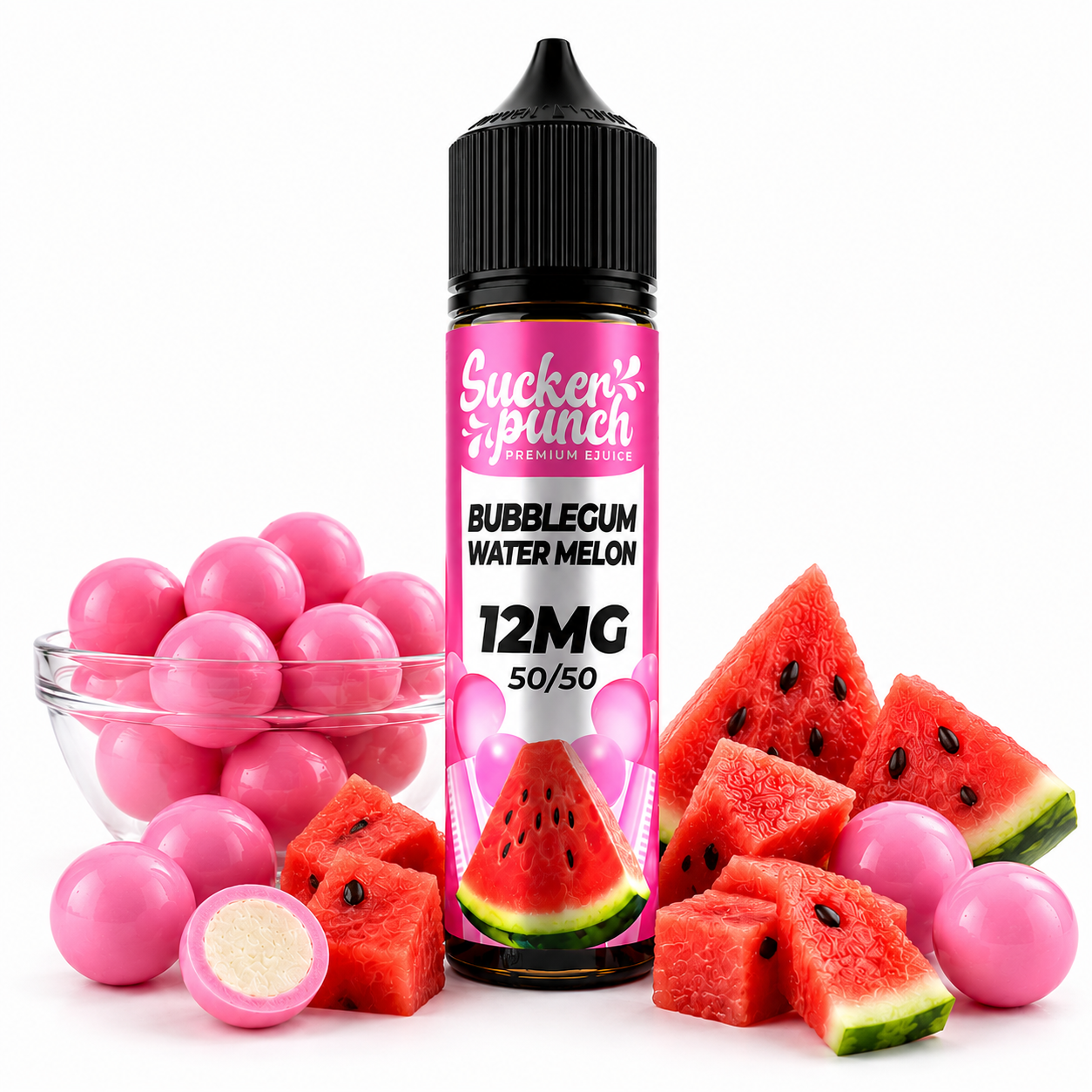 Sucker Punch Bubblegum Watermelon e-liquid bottle by Sucker Punch E-Juice, 60ml, with colorful label and vibrant fruit graphics.