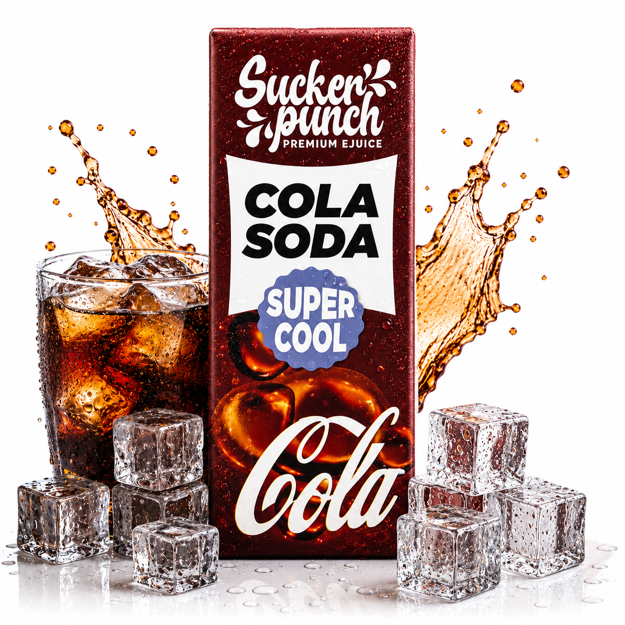 Sucker Punch Cola Soda Super Cool salt e-liquid bottle by Sucker Punch E-Juice with colorful label featuring cola and soda imagery