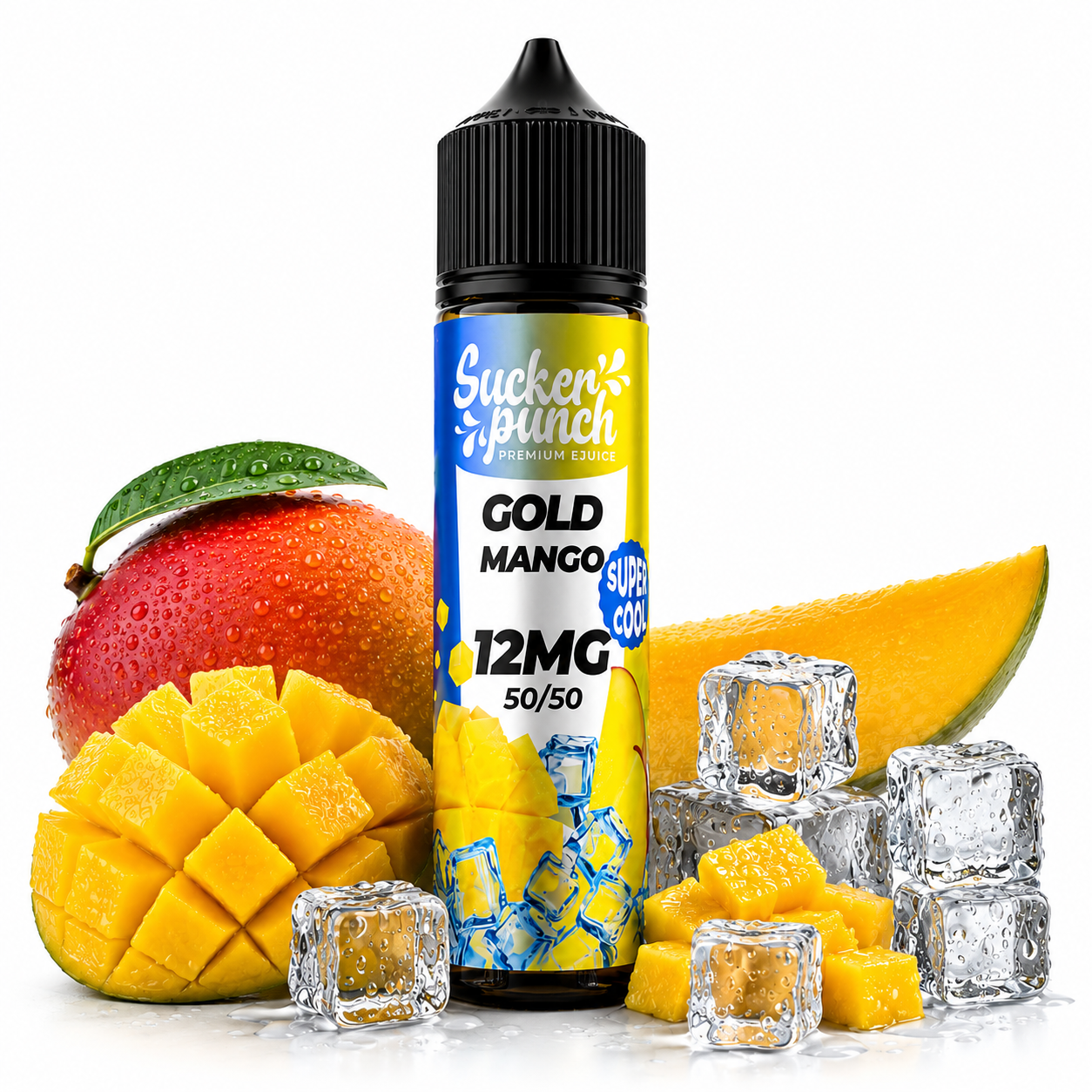 Sucker Punch Gold Mango Super Cool 60ml e-liquid bottle from Sucker Punch E-Juice with vibrant label and flavor branding.