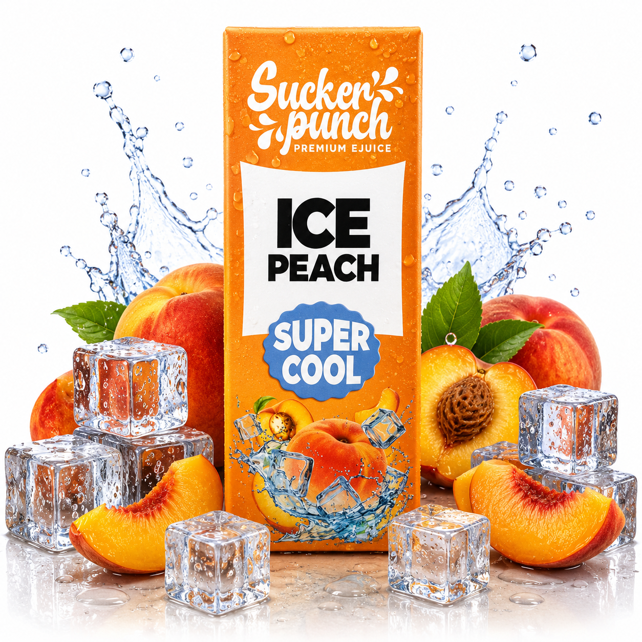 Sucker Punch Ice Peach Super Cool salt e-liquid bottle with peach flavor and menthol cooling effect, for vaping.