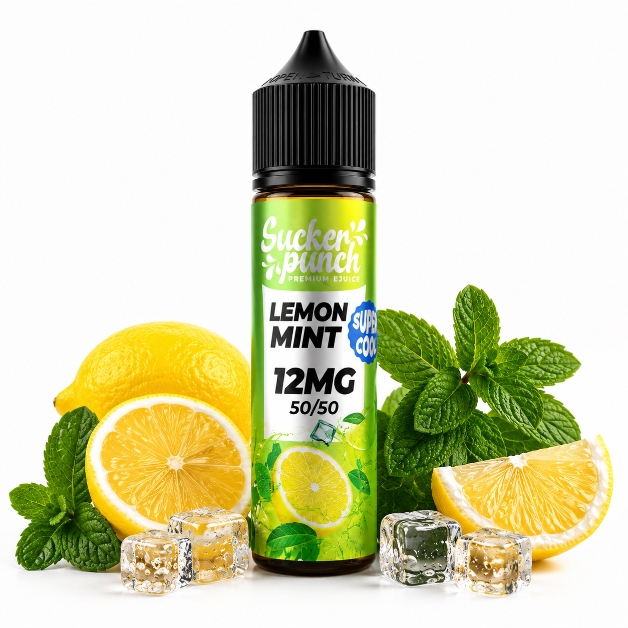 Sucker Punch Lemon Mint Super Cool 60ml e-liquid bottle from Sucker Punch E-Juice, featuring lemon and mint flavor blend.