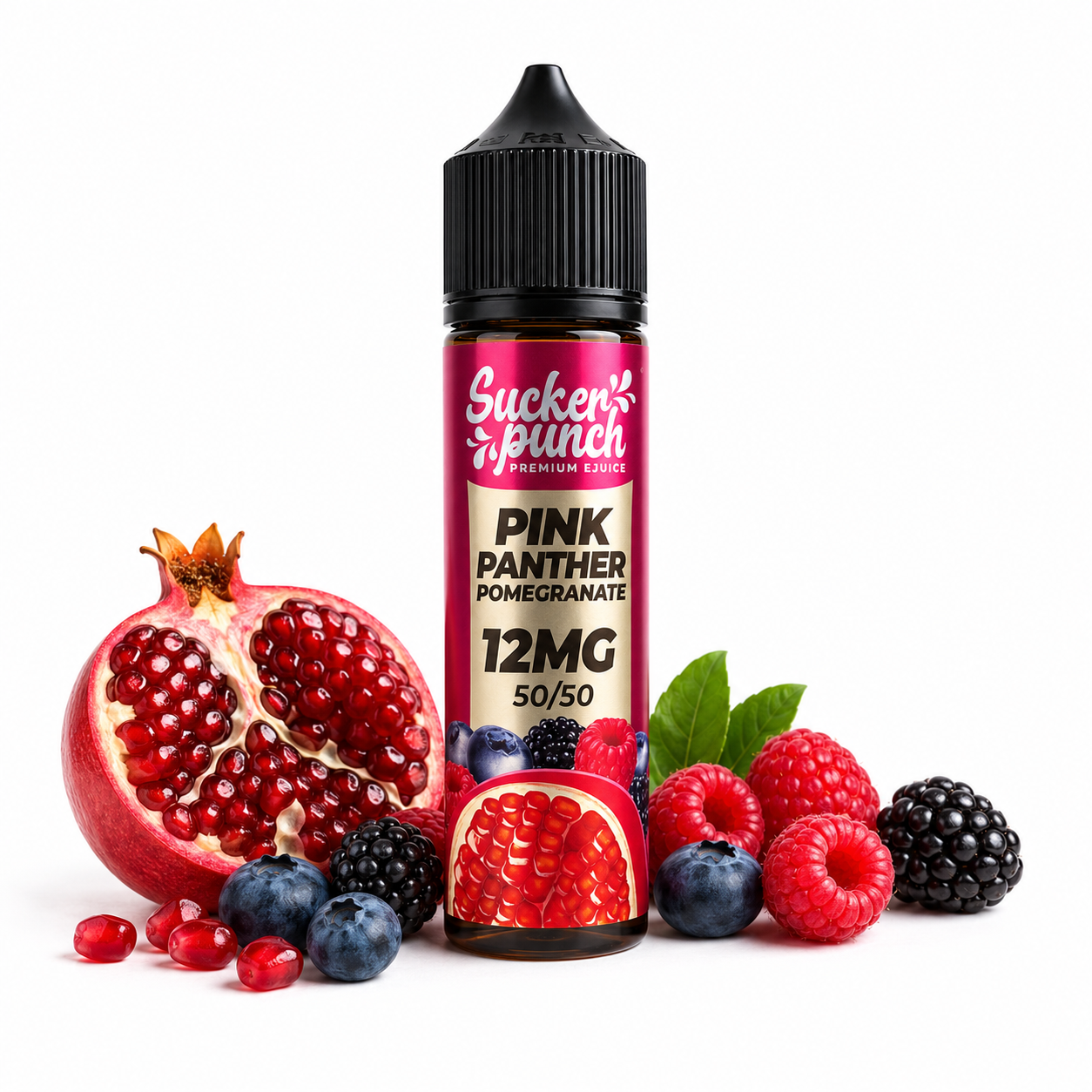 Sucker Punch Pink Panther Pomegranate 60ml e-liquid bottle from Sucker Punch E-Juice, with bright pink and pomegranate-themed label.