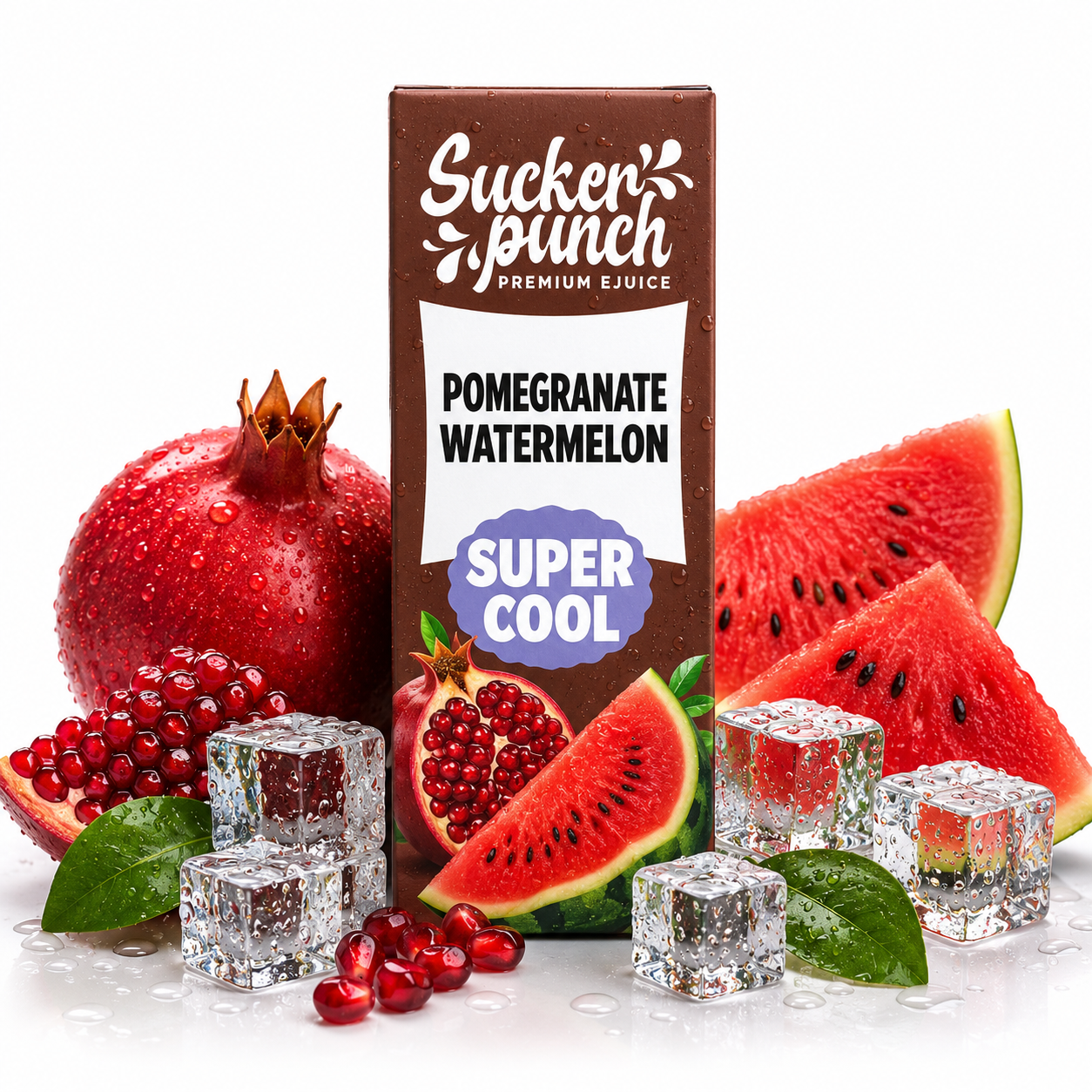 Sucker Punch Pomegranate Watermelon Super Cool salt e-liquid bottle from Sucker Punch E-Juice with vibrant label design.