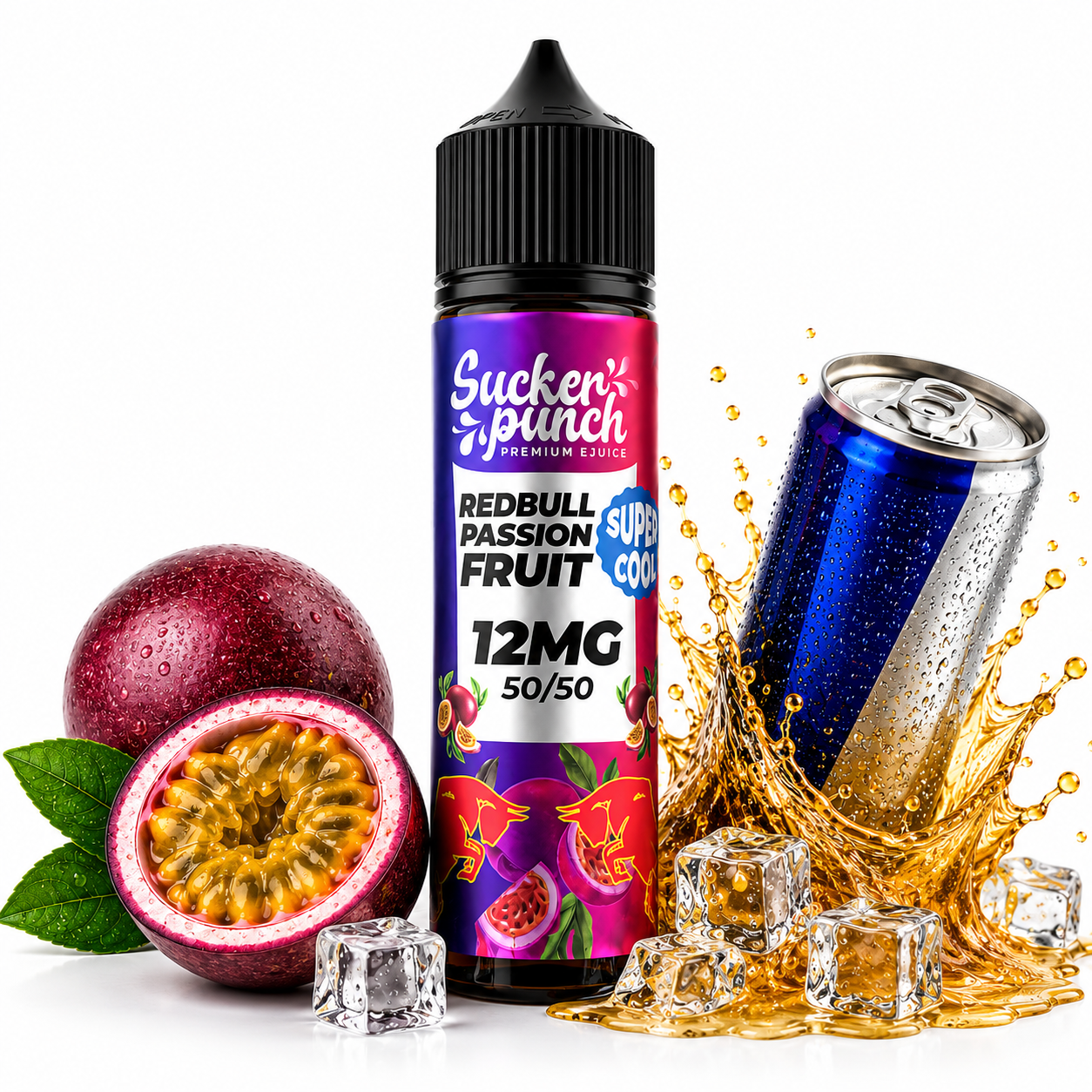 Sucker Punch RedBull Passion Fruit Super Cool 60ml e-liquid bottle from Sucker Punch E-Juice, featuring vibrant passion fruit flavor.