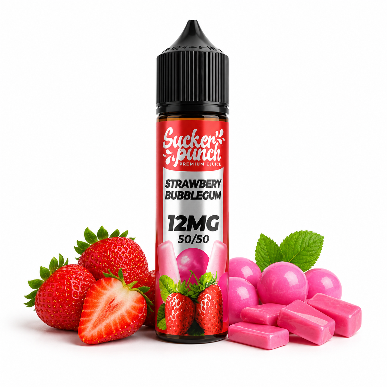 Sucker Punch Strawberry Bubblegum 60ml e-liquid bottle from Sucker Punch E-Juice, featuring vibrant strawberry and bubblegum flavor.