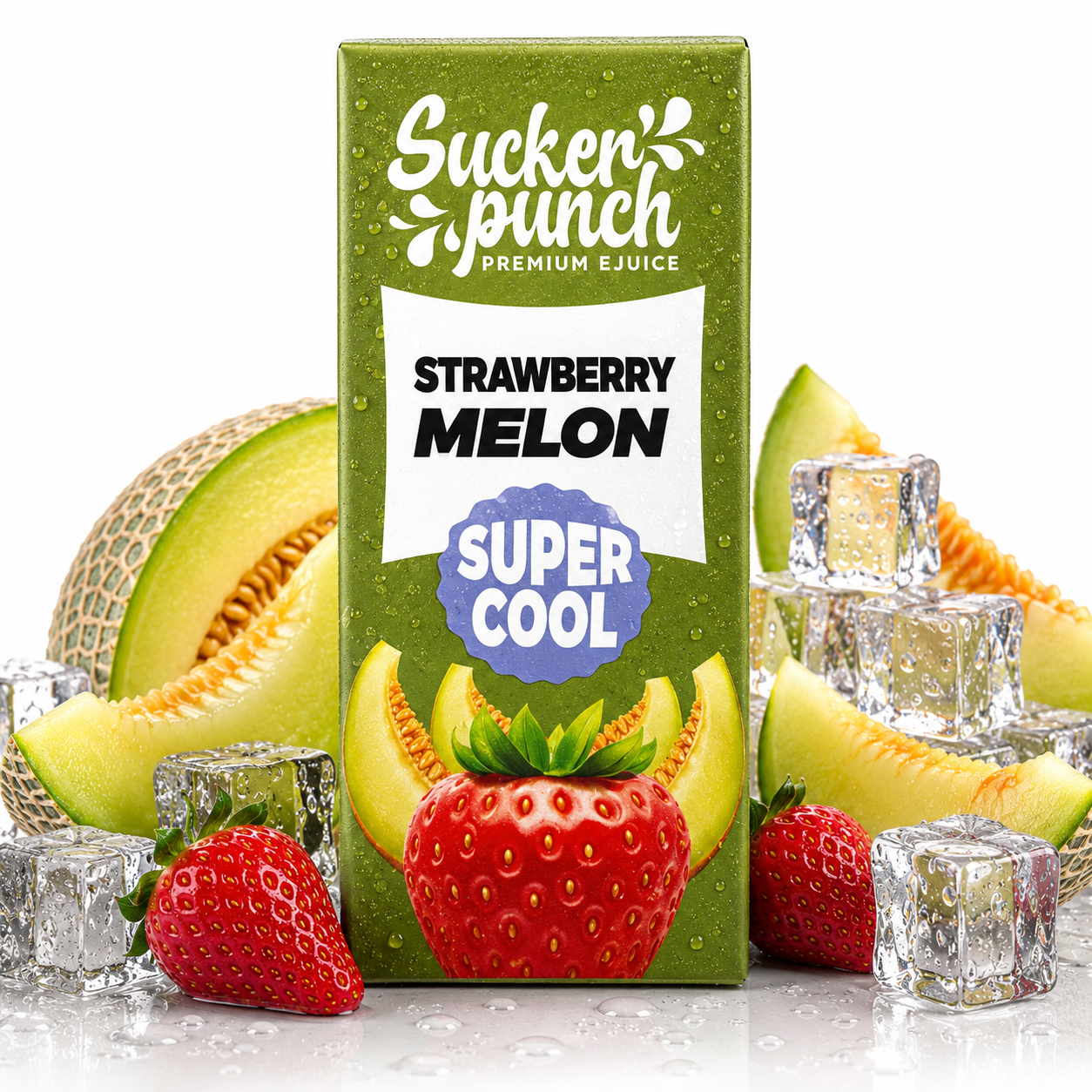 Sucker Punch Strawberry Melon Super Cool Salt e-liquid bottle from Sucker Punch E-Juice with vibrant label featuring strawberries and melons.
