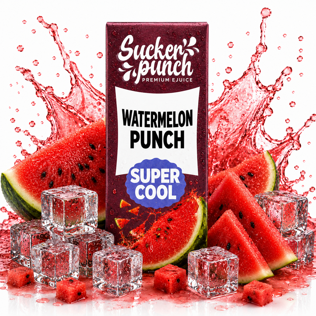 Sucker Punch Watermelon Punch Super Cool Salt e-liquid bottle from Sucker Punch E-Juice, with vibrant watermelon flavor and cool mint notes.