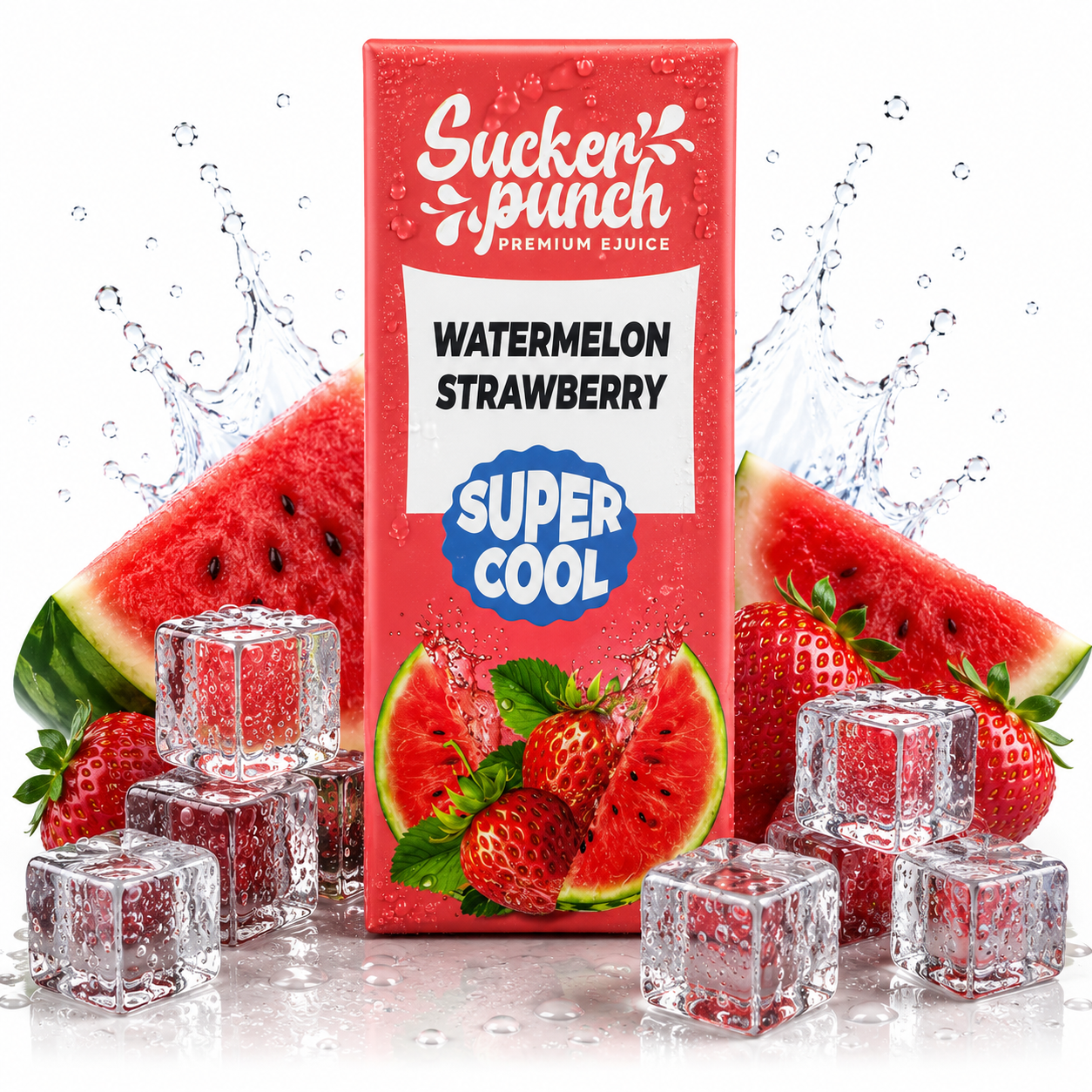 Sucker Punch Watermelon Strawberry Salt E-Liquid bottle from Sucker Punch E-Juice, featuring vibrant watermelon and strawberry flavor imagery.