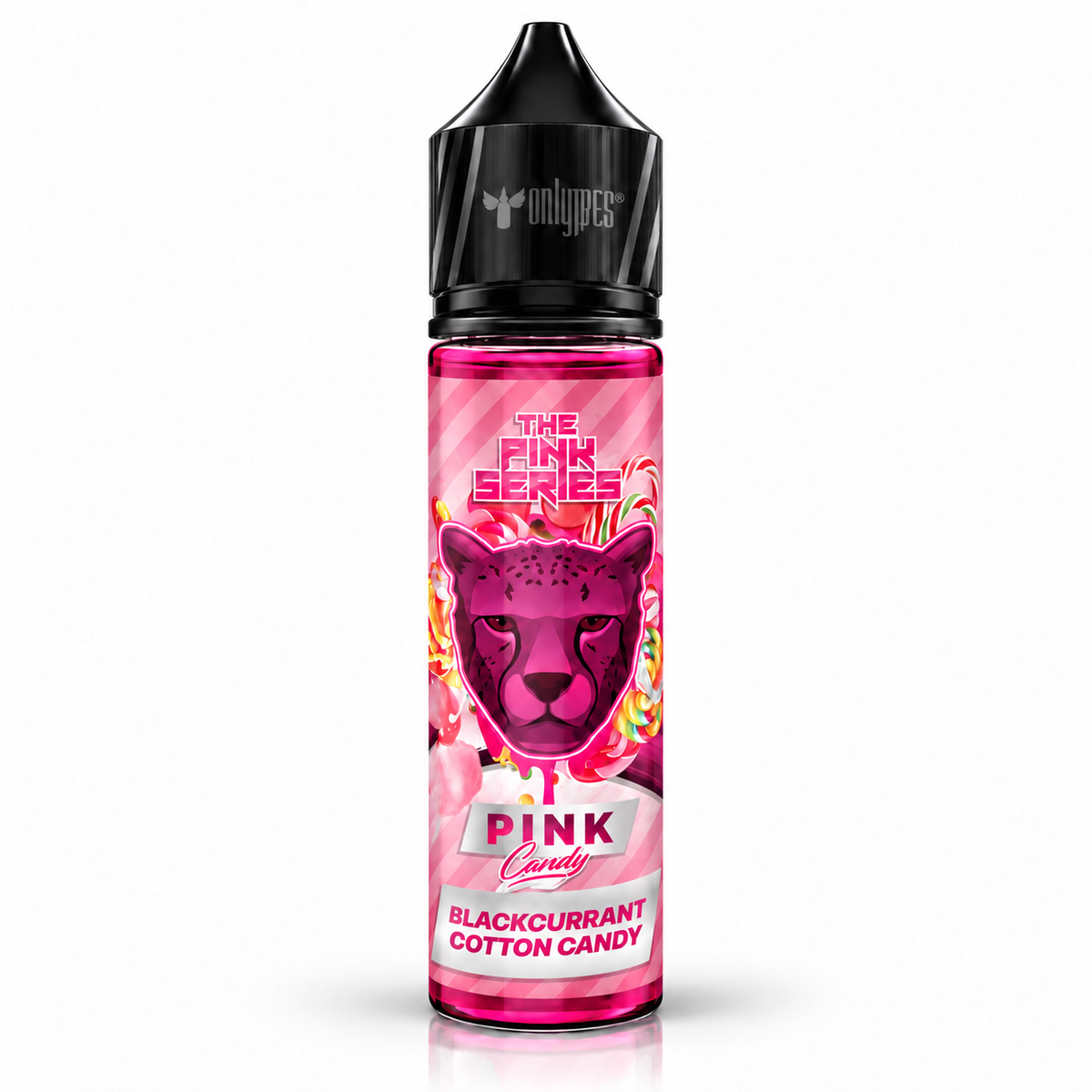 Bottle of THE PINK SERIES PINK CANDY 60ml e-liquid with pink label and colorful candy design, ideal for vaping.