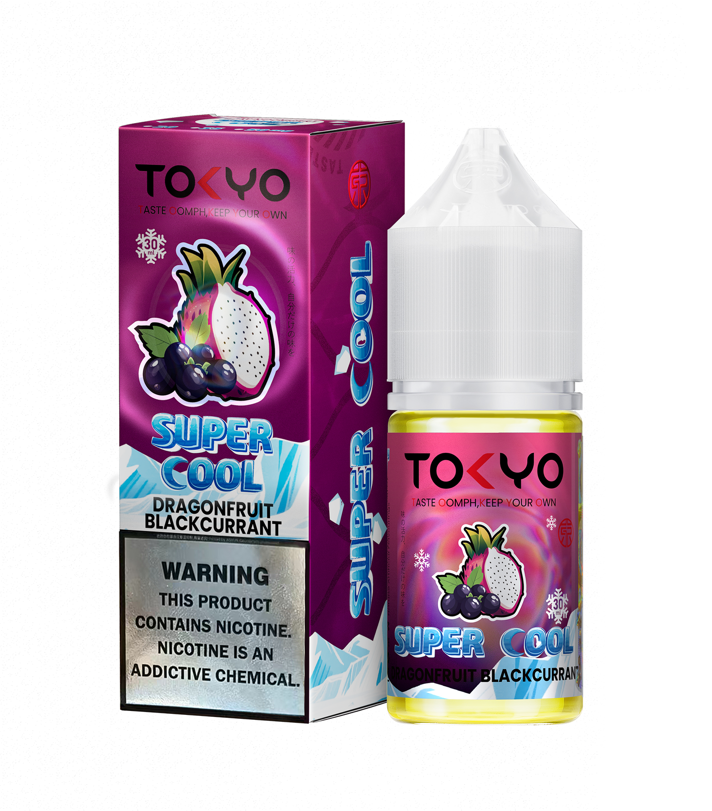 Tokyo Super Cool Dragonfruit Blackcurrant e-liquid packaging on a white background