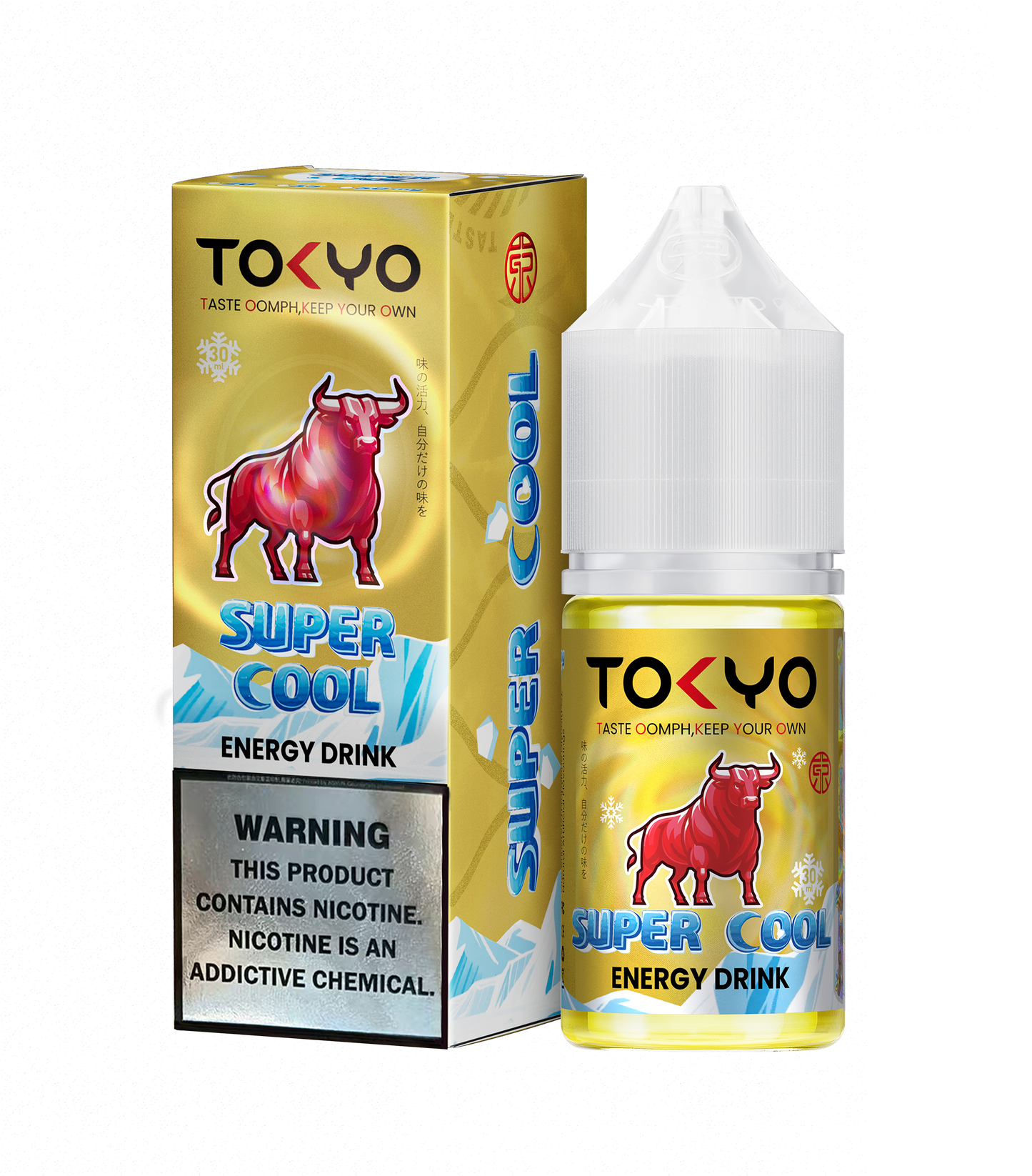 Tokyo Super Cool energy drink packaging with a yellow and red design featuring a bull.