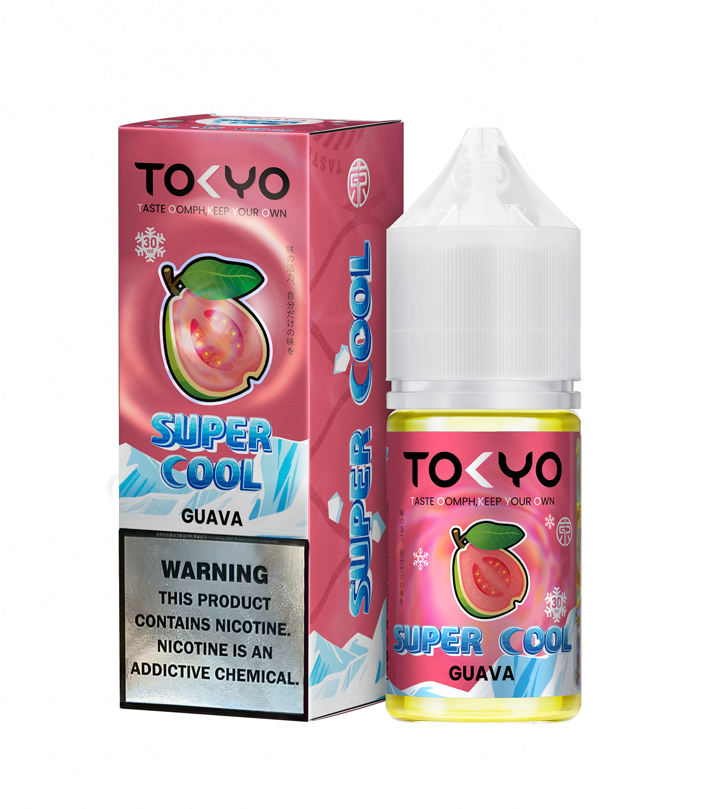 Tokyo Super Cool Guava e-liquid packaging on a white background