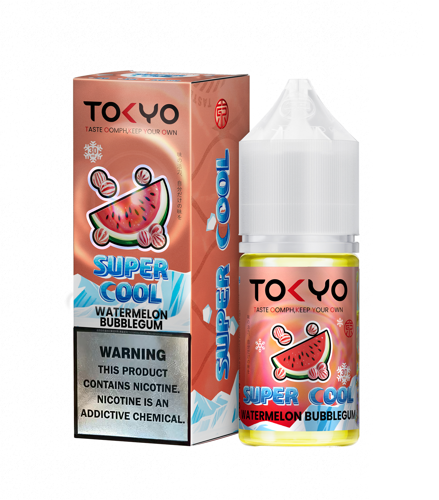 Tokyo Super Cool Watermelon Bubblegum vape juice packaging on a white background
