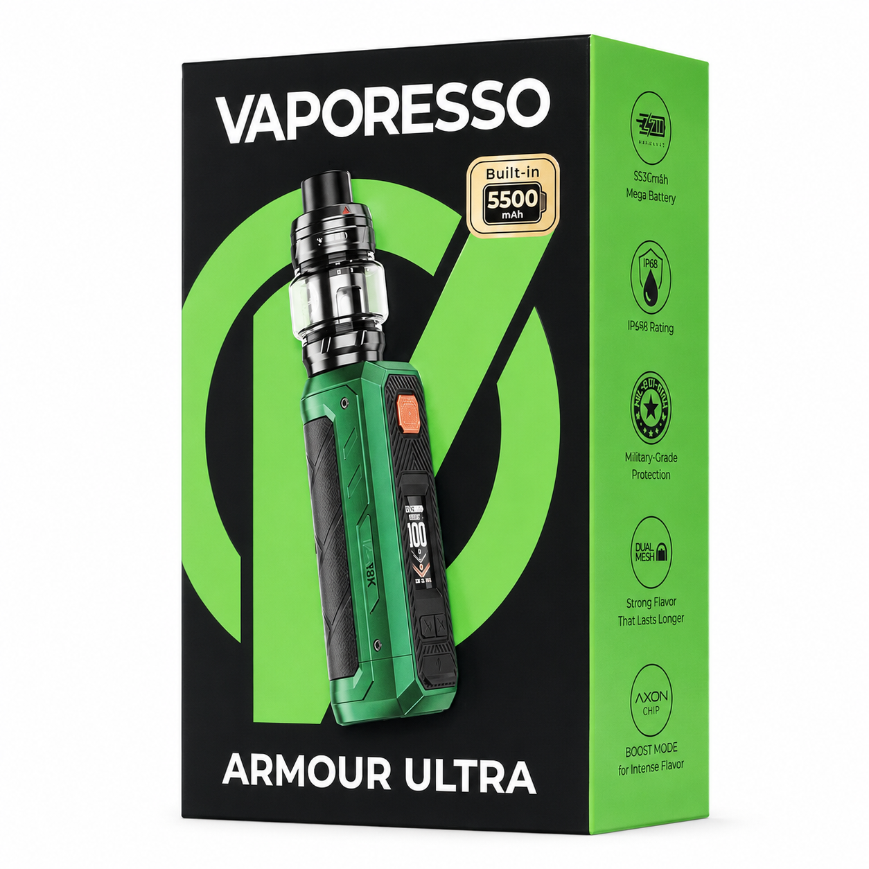 Vaporesso Armour Ultra vape kit retail packaging box, featuring a green and black design with an illustration of the vape device on the front.