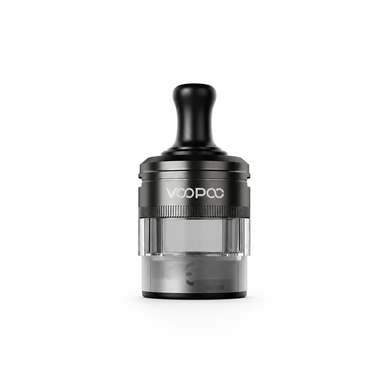 A VOOPOO vape tank mod with a black mouthpiece and metallic body, featuring a clear glass reservoir chamber, shown on a solid white background.