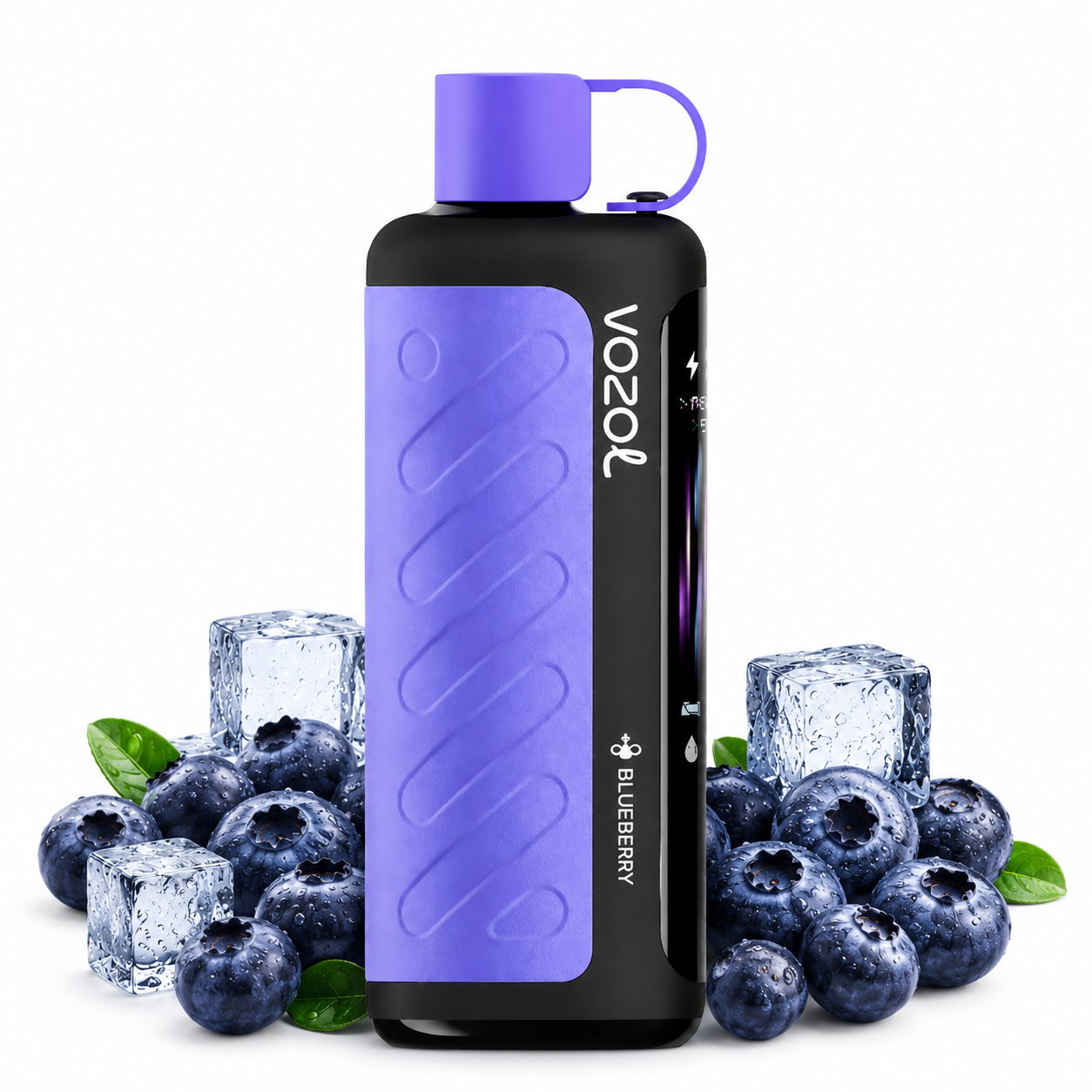 A Vozol disposable vape device in Blueberry flavor, featuring a black body with a prominent purple textured grip panel, purple mouthpiece, and purple carrying loop. The device is styled with blueberries and ice cubes on a clean white background.